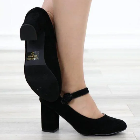Black Mary Jane Shoes Faux Suede Buckle Strap Chunky Block Heel - Picture 7 of 13